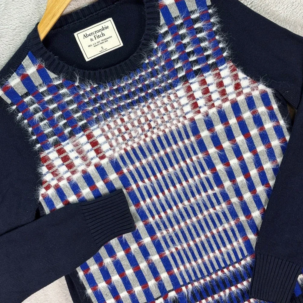 Abercrombie & Fitch Women's Sweater Navy Plaid Fuzzy Grid Knit Pullover Sz Small